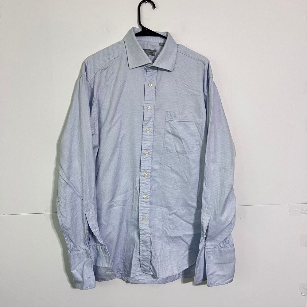 Hickey Freeman Mens Dress Shirt Size 16.5-L Light Blue Dot Made In Canada